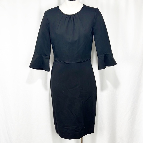 J. Crew Bell Sleeve Ponte Knit Sheath Dress Size 4 Black Knee Length Structured - Picture 2 of 13